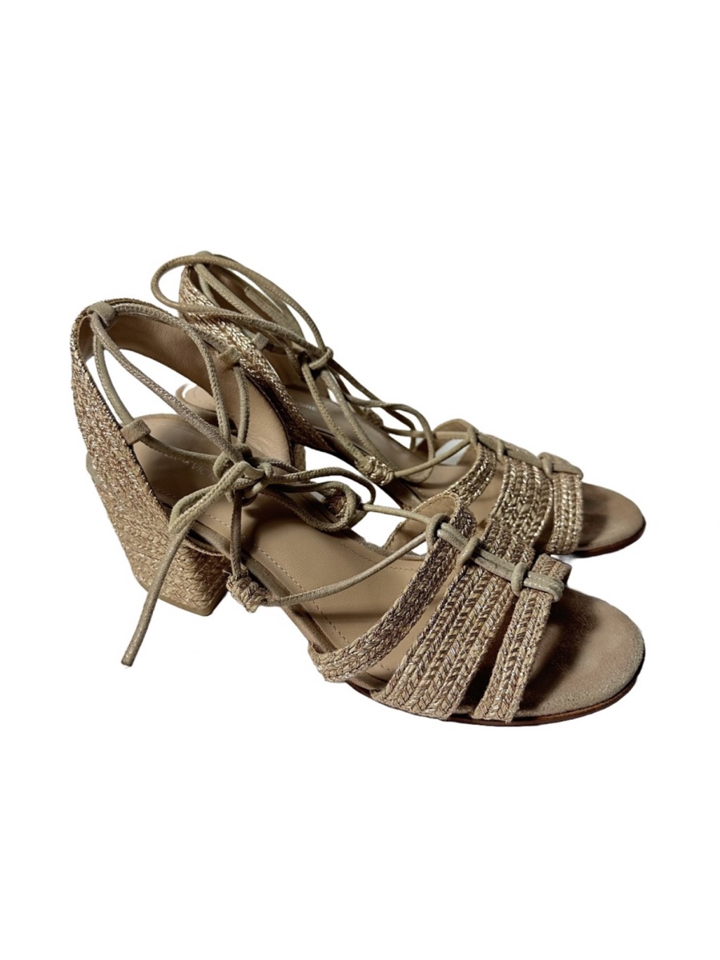 Pour La Victoire Amada Metalic Raffia Block Heel Sandals 7.5 Beige Rose Gold